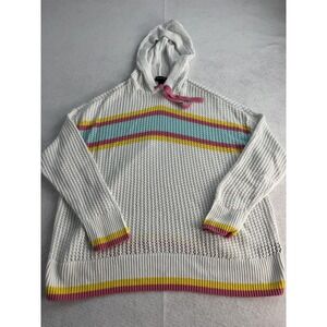 Torrid Sweater Women's 0/Large White Hooded Open Knit Rainbow Stripe Beach